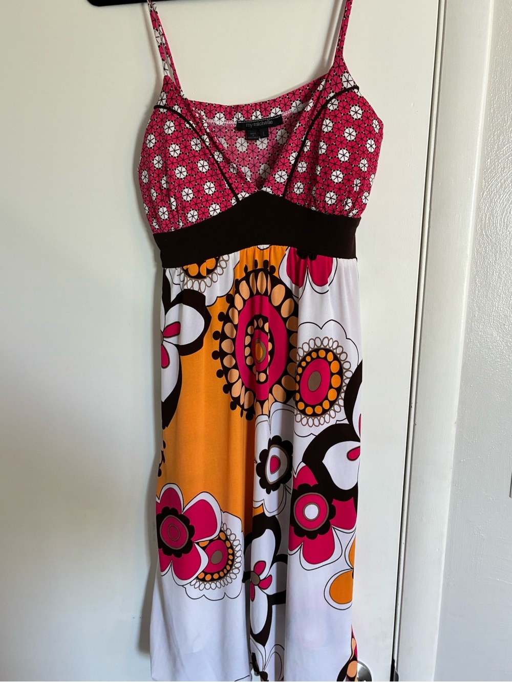 Vintage Y2K Empire Waist Pink, Brown & Orange Floral Dress